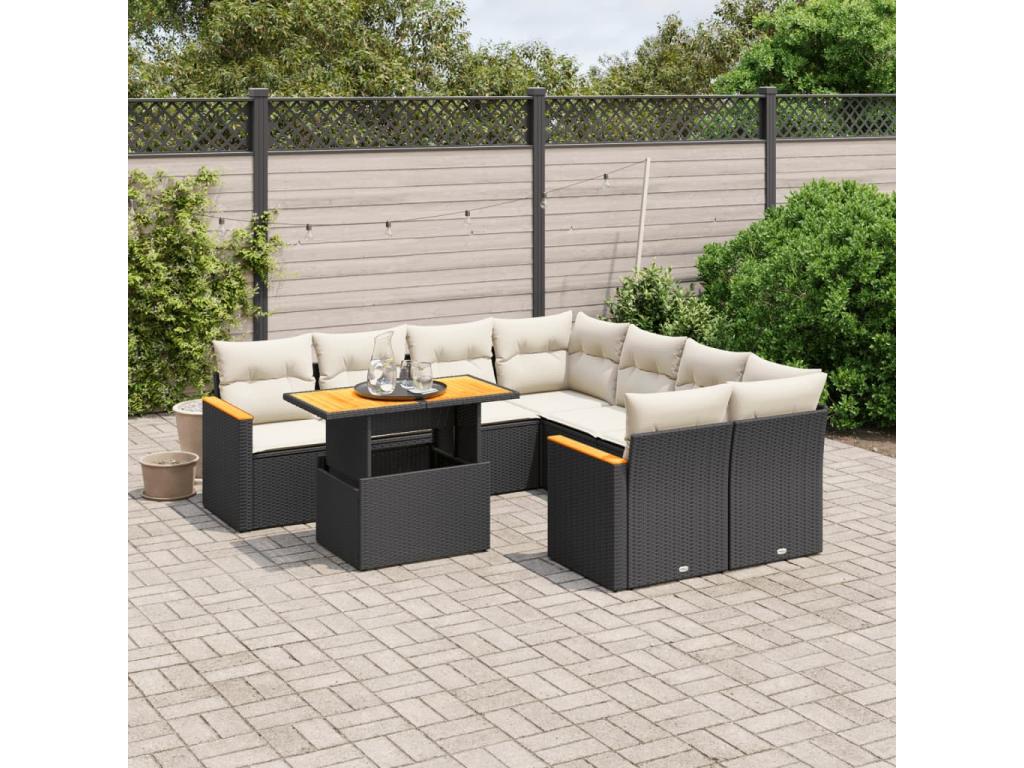 9-piece garden furniture set with cushions, black woven resin