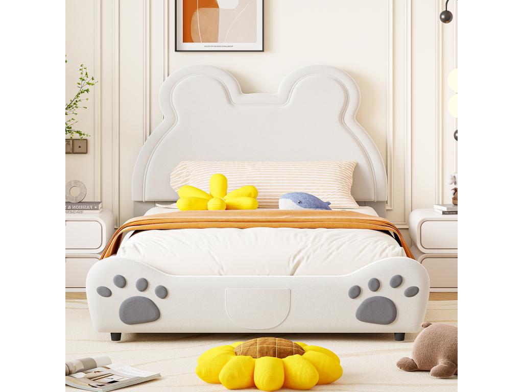 Children's double bed, upholstered white, 140x200 cm, genuine velvet leather, QIPS83578