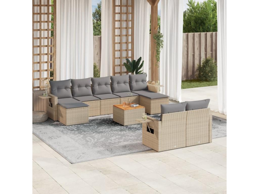 10-piece garden furniture set and cushions, méLaviecasa beige woven resin ZVPB20720