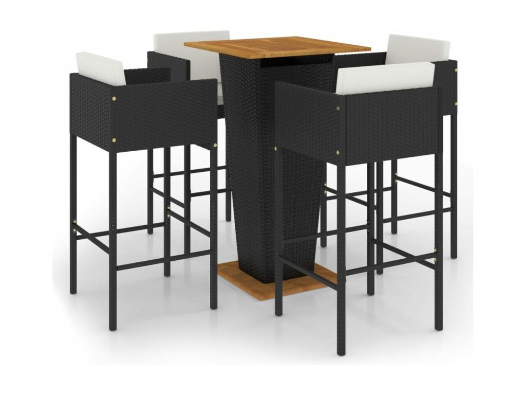 5-piece garden bar set and cushions, black woven resin, 17