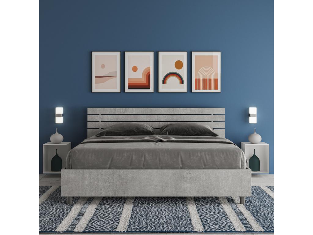 Bed with slatted base 160x190, straight headboard with concrete grey slats, Laviecasa TJPG65692